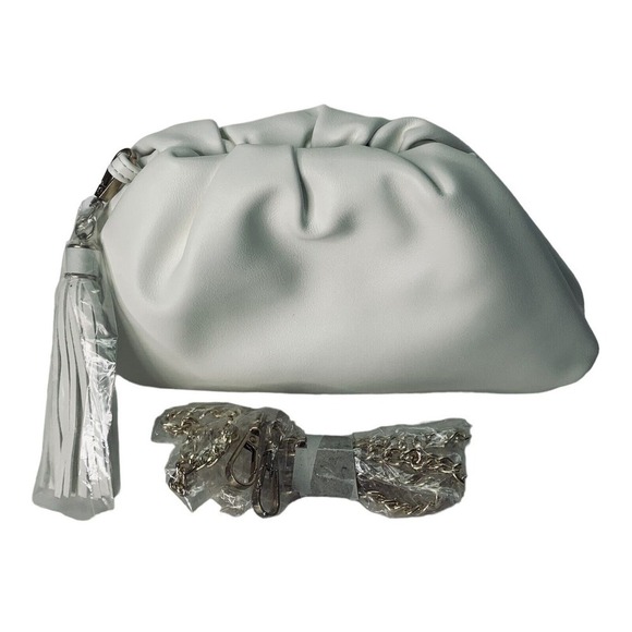 Understated Leather Vegan Crescent Clutch Fringe Handbag Ivory Dustbag NWOT $110 - Picture 3 of 10